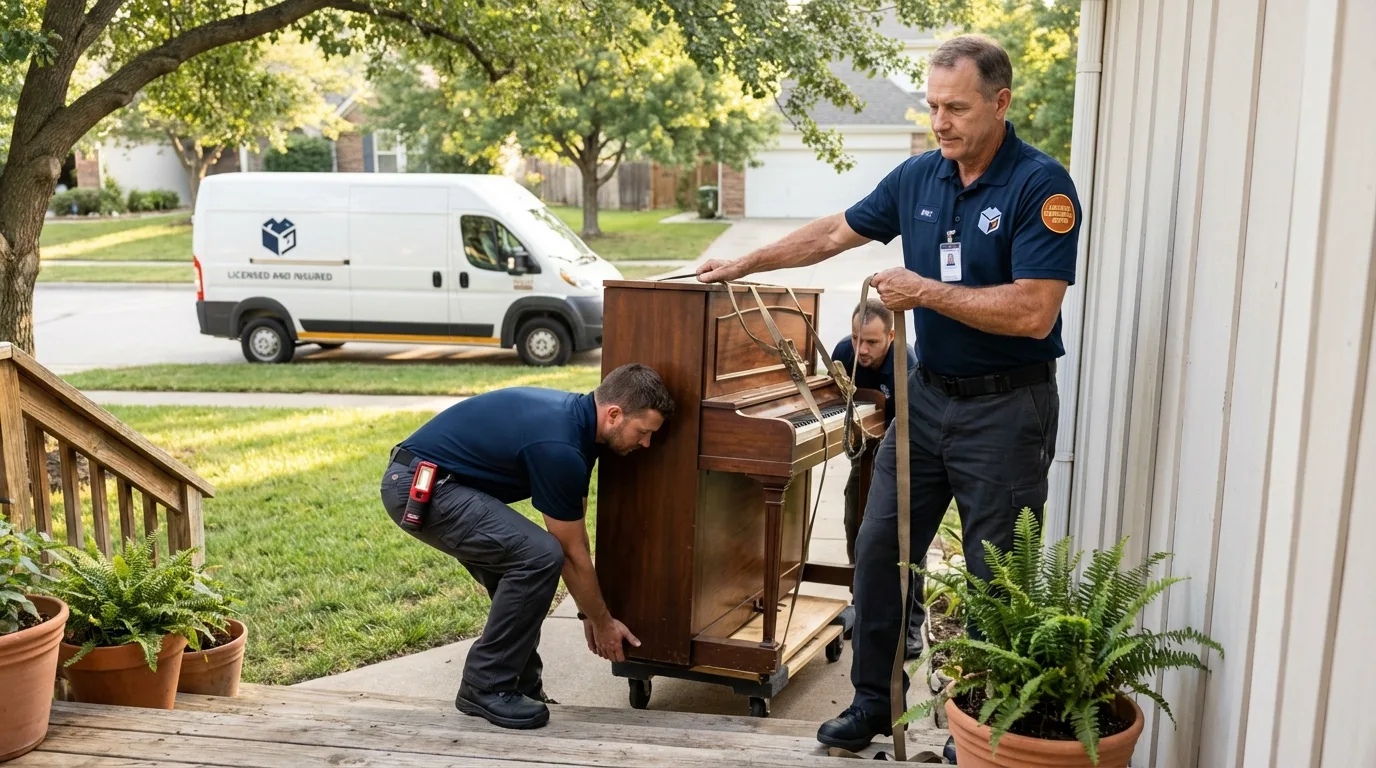 Licensed piano movers securing grand piano in Fellsmere, FL