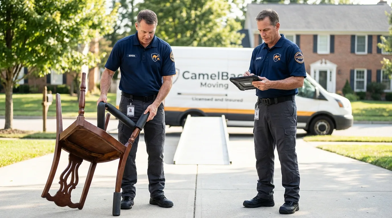 Movers inspecting furniture for damage prevention before loading in Fellsmere, FL